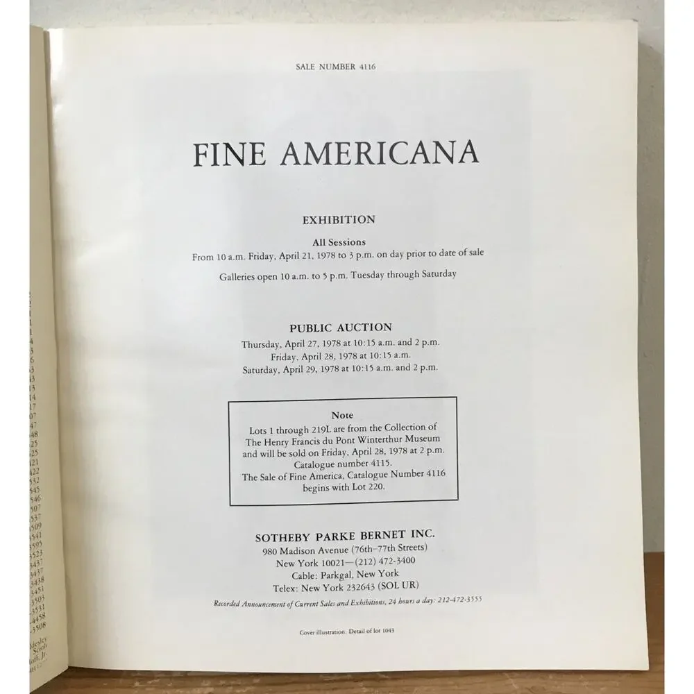 1978 Sothebys Auction Catalog Fine Americana Exhibition Furniture Pottery NYC